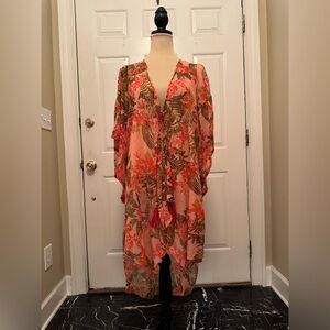 BCBG Generation Sheer Tropical Floral Print Cover Up/Caftan Vest